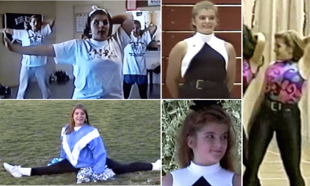 A photo collage of Head Diva Jami Stigliano dancing on her high school drill team