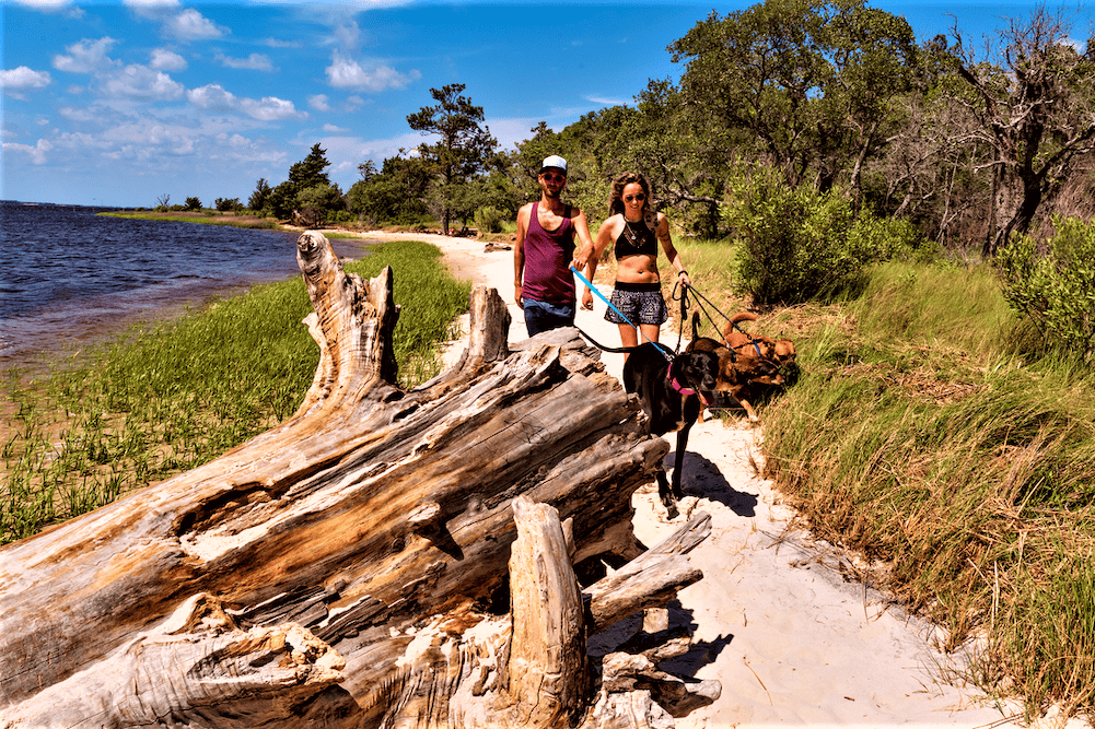 Two people standing on a path near a body of water.