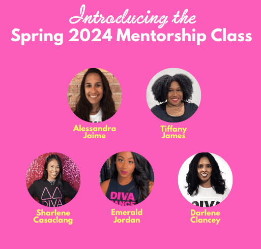 Image of the Spring 2024 Mentorship Class with individual headshots of Alessandra Jaime, Tiffany James, Sharlene Casaclang, Emerald Jordan, and Darlene Clancey on a pink background.